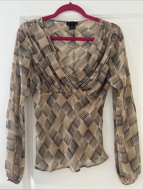 90s limited silk Beige and Black Geometric Print top